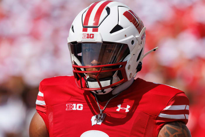 Sep 2, 2023; Madison, Wisconsin, USA; Wisconsin Badgers running back Braelon Allen (0) during warmups prior to the game against Buffalo Bulls at Camp Randall Stadium. Mandatory Credit: Jeff Hanisch-USA TODAY Sports